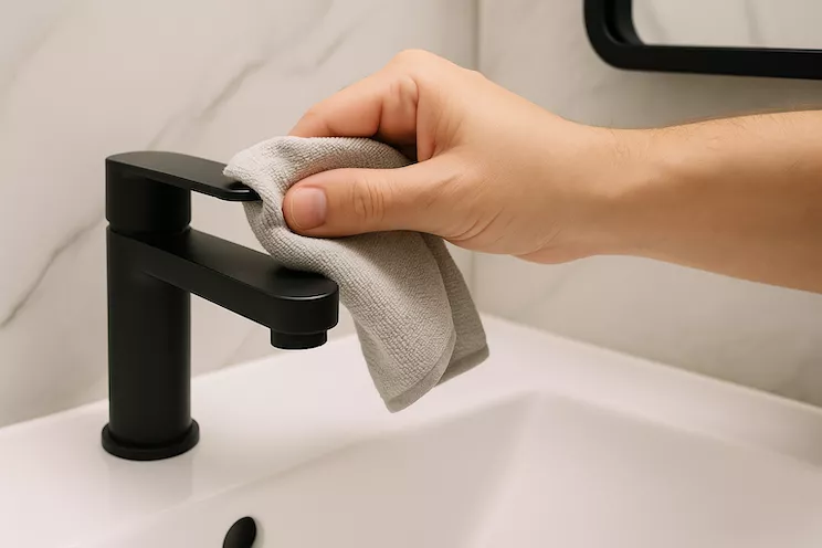 "Person rengör kalk på svart kran i modernt badrum med mjuk trasa och skonsamt rengöringsmedel – effektiv kalkborttagning utan att skada kranens matta finish"