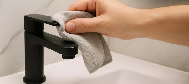 "Person rengör kalk på svart kran i modernt badrum med mjuk trasa och skonsamt rengöringsmedel – effektiv kalkborttagning utan att skada kranens matta finish"